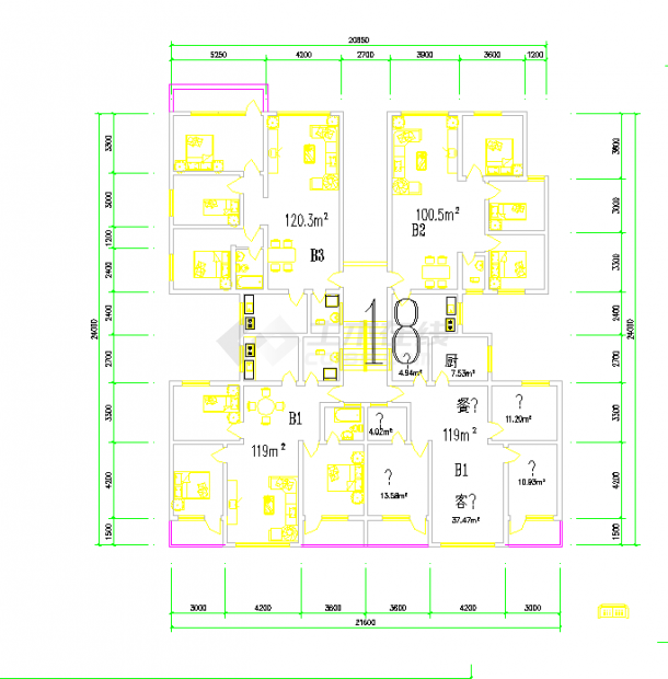 某地带电梯多户高层住宅户型平面图CAD图纸-图一