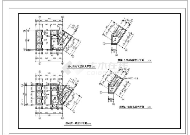 某地办公楼核心筒平面剖面设计图纸-图二