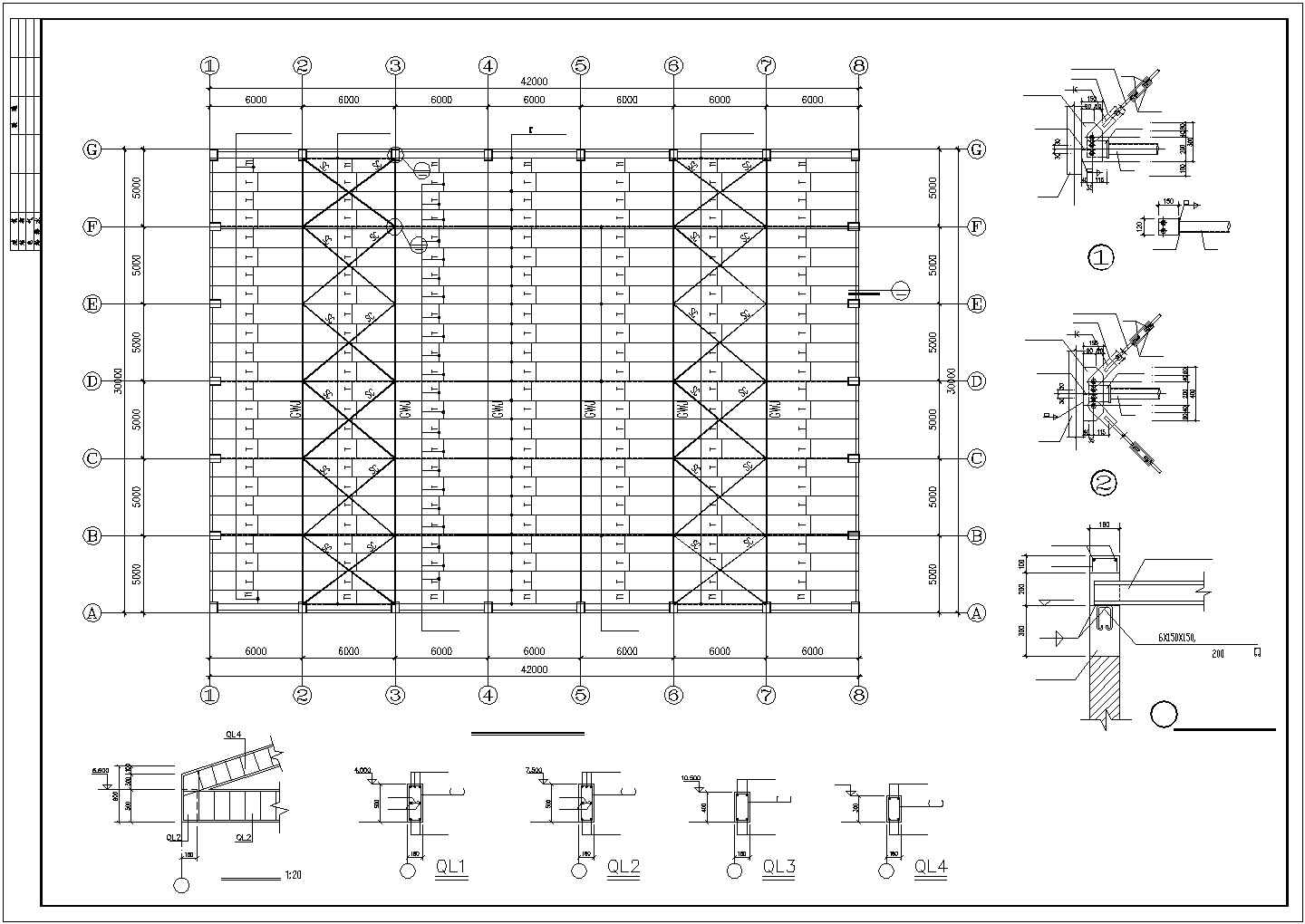 某地区30米跨钢结构管桁架屋顶厂房建筑设计施工CAD图纸