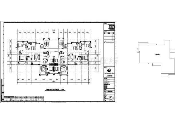 杭州市鼎盛花园小区住宅楼标准层设计CAD图纸（140+90/1梯4户对称型）-图一