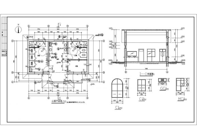 某长11.1米 宽7.8米 1层砖混结构81.98平米公园公厕CAD详细全套图_图1