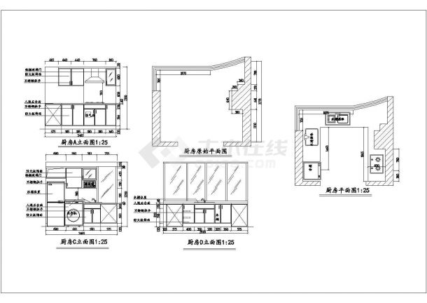 某U型厨房CAD节点结构完整设计图纸-图一