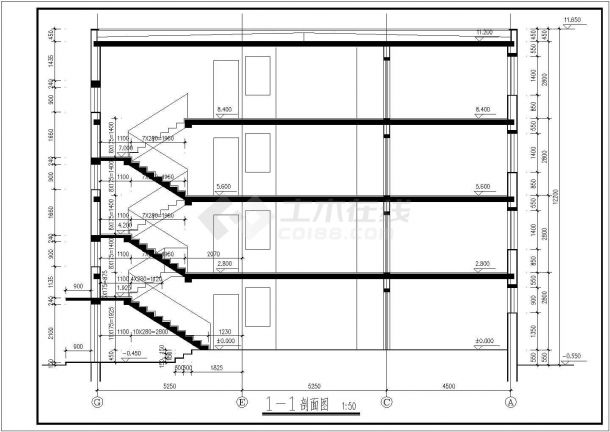 某四层出租房(一室一厅)建筑平方剖面CAD设计构造图纸-图一