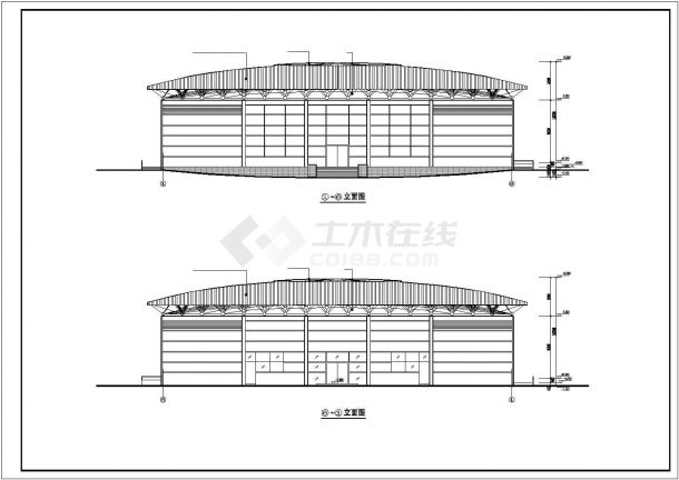 镇江市某实验中学的风雨球场2100平米顶部台网架结构设计CAD图纸-图一