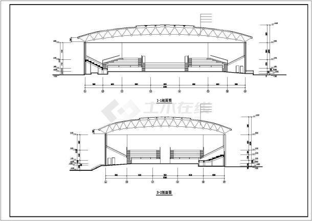 镇江市某实验中学的风雨球场2100平米顶部台网架结构设计CAD图纸-图二