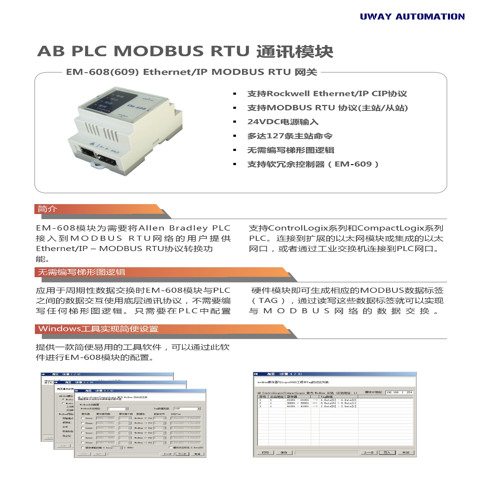 AB PLC MODBUS 第三方通讯网关模块EM-608