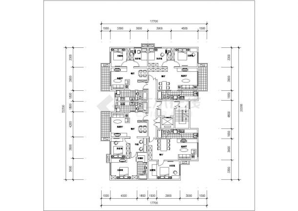 太原市厚德花园小区住宅楼标准层平面设计CAD图纸（1梯4户/共4张）-图二