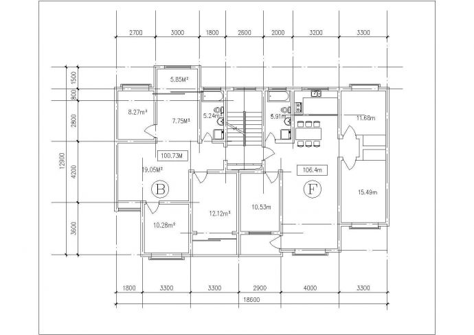 无锡市某小区4张住宅楼的标准层平面设计CAD图纸（100-110平米/1梯2户）_图1