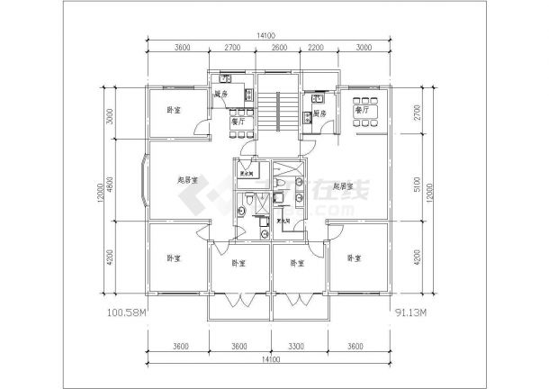 无锡市某小区4张住宅楼的标准层平面设计CAD图纸（100-110平米/1梯2户）-图二