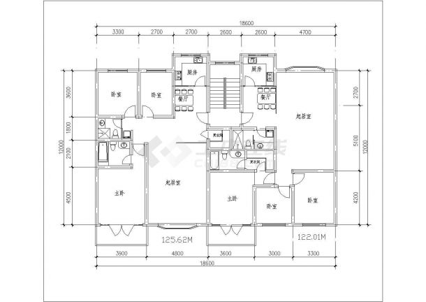 杭州市曲福花园小区住宅楼标准层平面设计CAD图纸（5张120-140平米）-图二