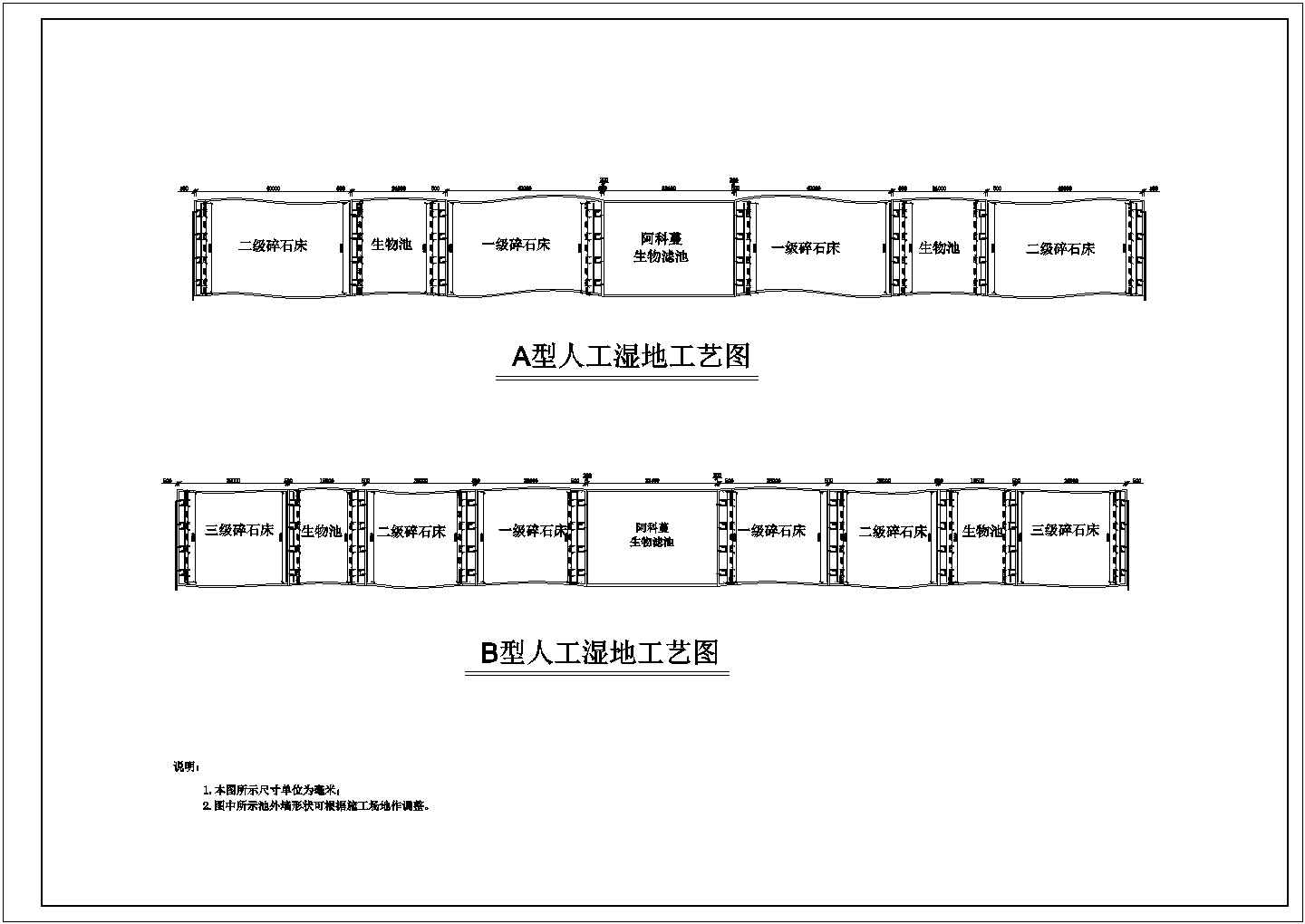 碎石床人工湿地工艺设计cad图纸