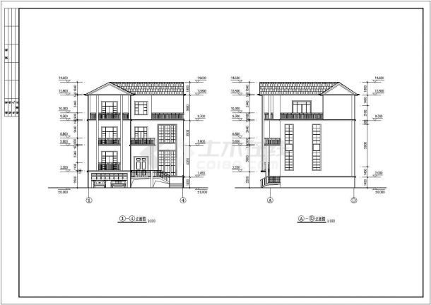 某地3层框架结构4套别墅建筑方案图-图二