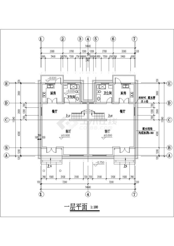 【昆山】二层花园联体别墅建筑施工图-图一