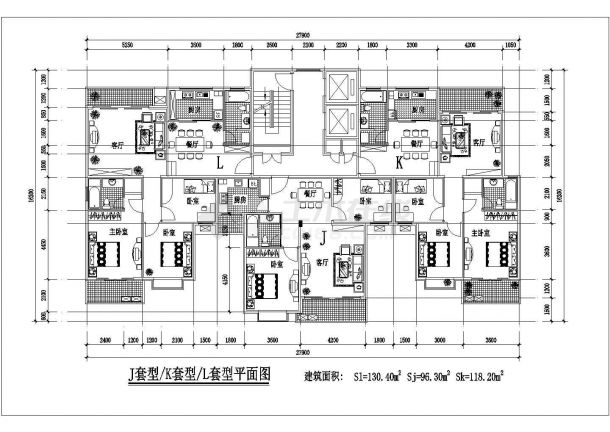 板式高层一梯三户户型图(130/96/118)-图一