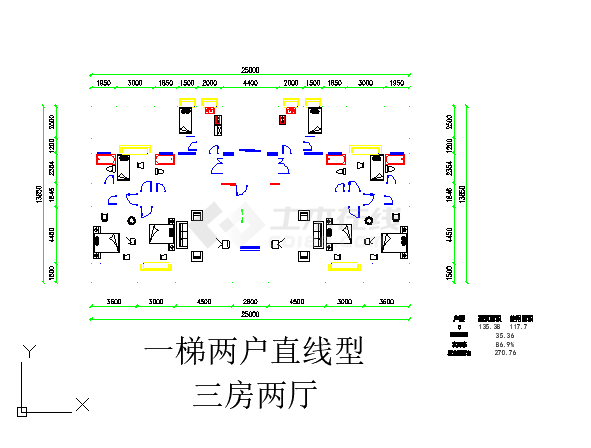 板式高层一梯两户户型图(135/135)-图一