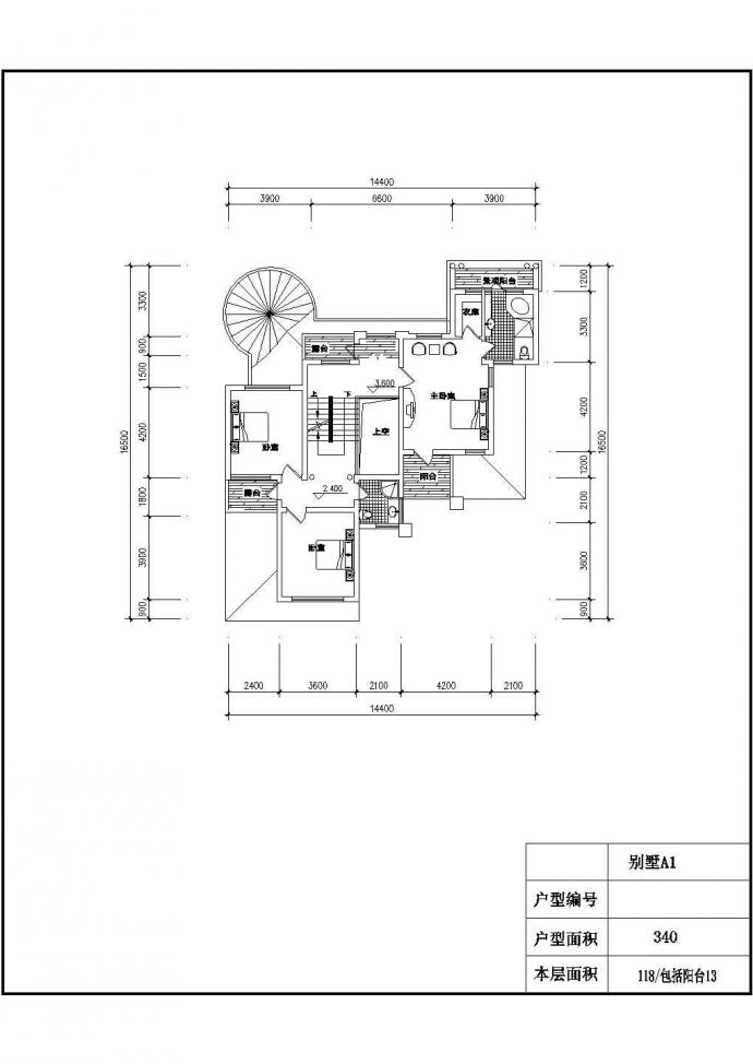 某三层独栋别墅户型平面图（南入口、340平方米）_图1