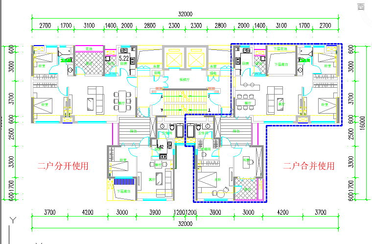 一核四户高层住宅户型平面图（300平方米）