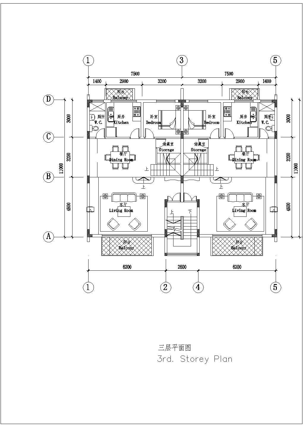 某四层带阁楼双拼别墅户型图（南入口）