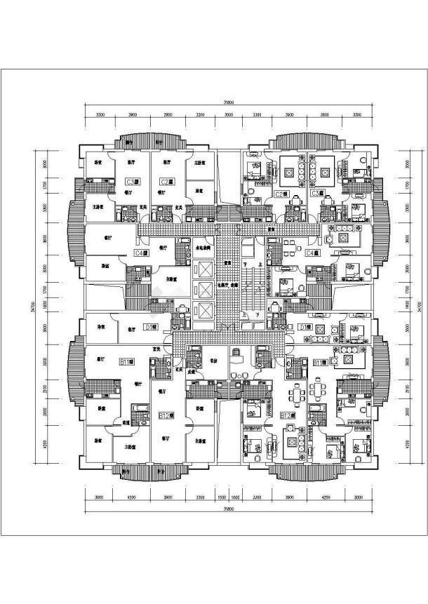 塔式高层一梯十二户户型图-图一