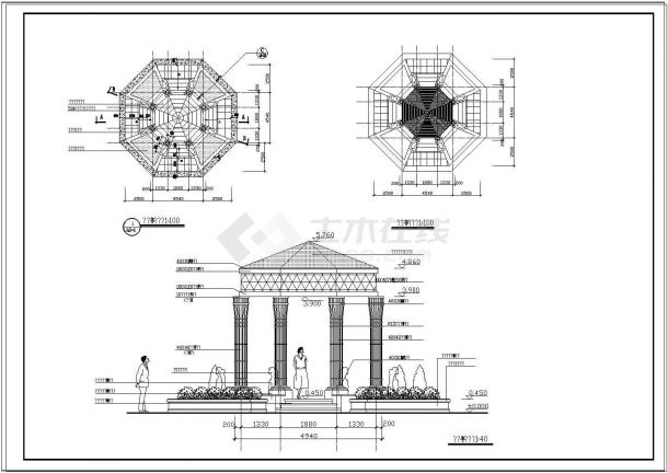 欧式钢架亭子平立剖面布置图-图一