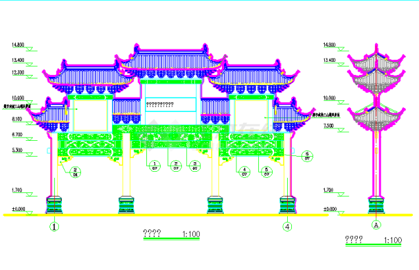 某牌坊成套设计CAD平剖立面图-图一