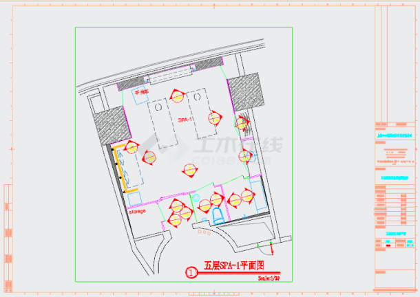 【上海】绿洲仕格维花园酒店五层SPA1装修施工CAD图纸-图一
