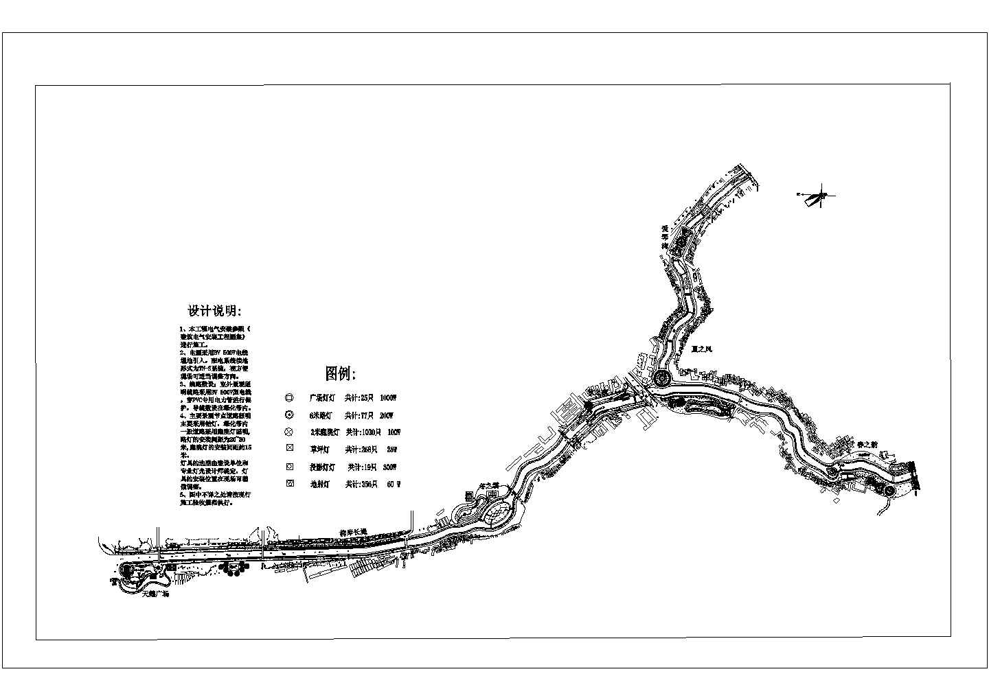 某河道景观建设工程亮化设计总平面图