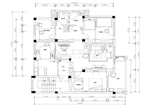 地中海田园风格三室两厅住宅装修施工CAD图纸-图一