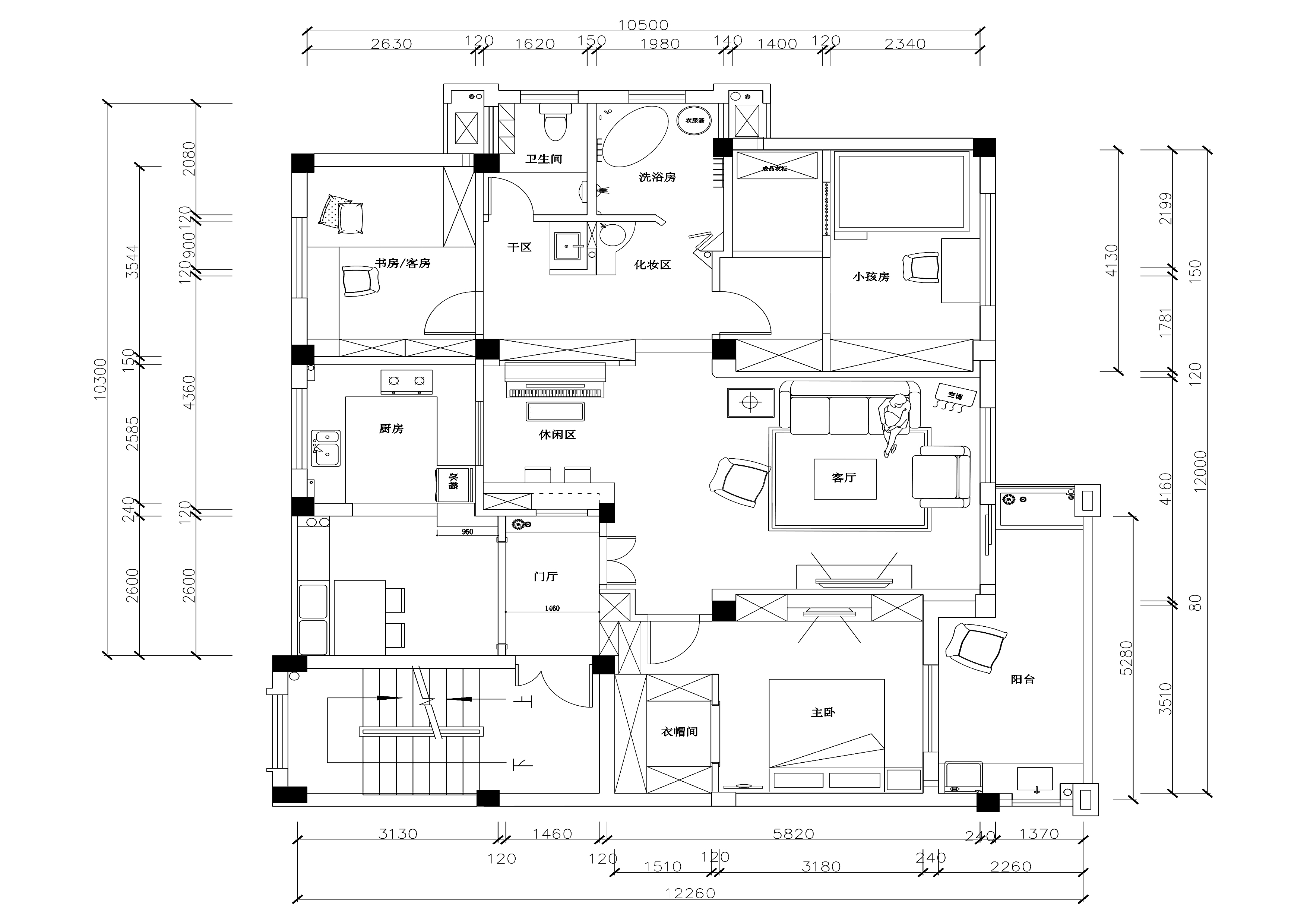 地中海田园风格三室两厅住宅装修施工CAD图纸