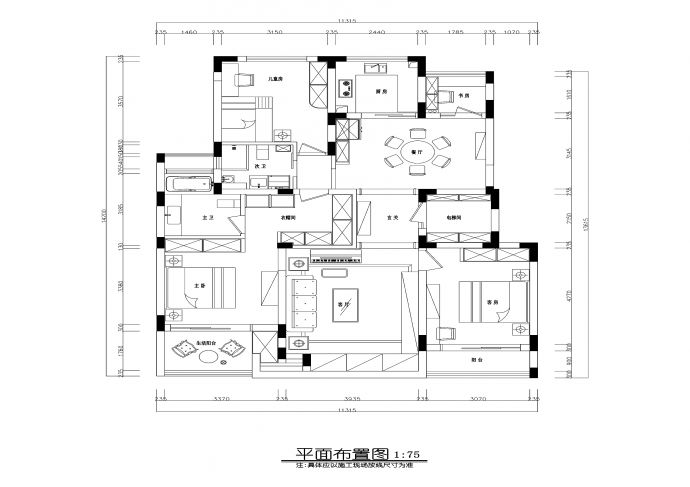 欧式风格三室两厅住宅装修施工CAD图纸_图1