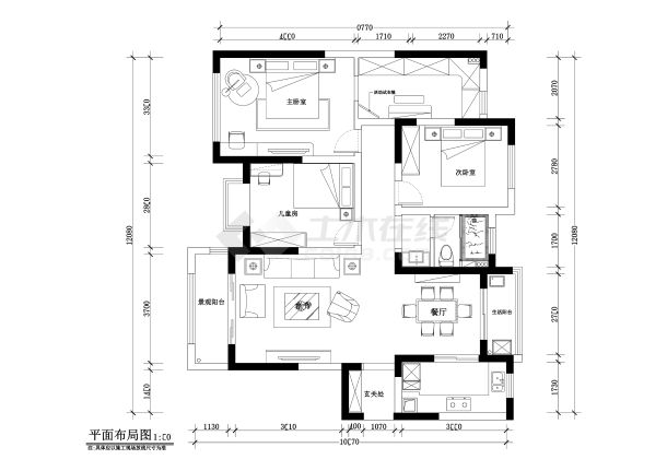 【江苏】南通美式简约风格128平米三房两厅两卫雅居装修施工CAD图纸-图一