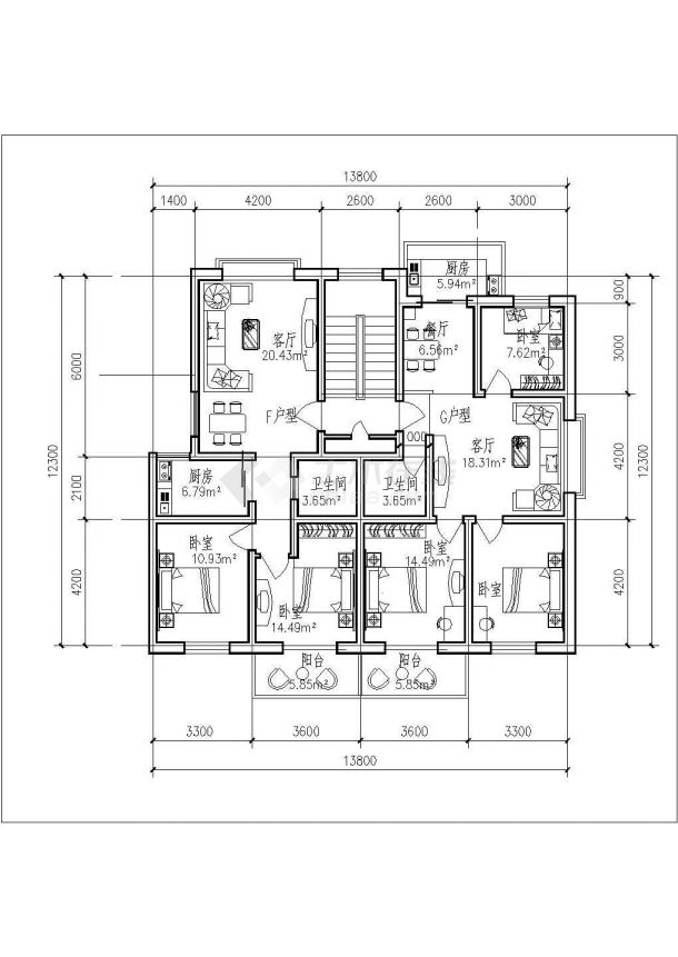 板式多层一梯两户户型图(-图一