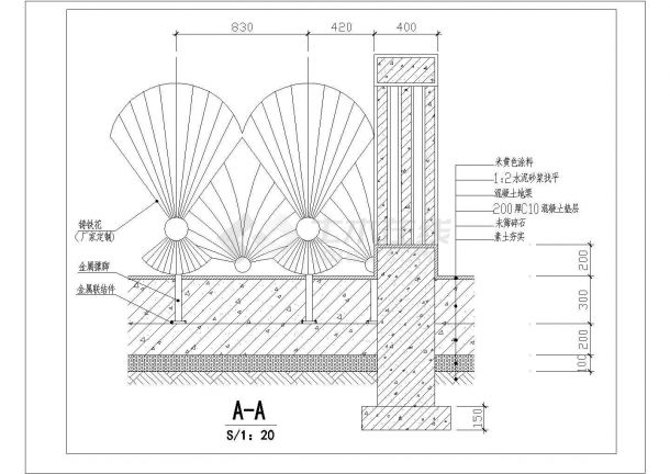 铸铁花围栏施平立剖面CAD布置图-图二