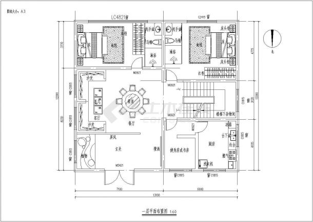 江西农村某三层开间民房室内设计图  1楼两室一厅、2楼4室1厅-图二