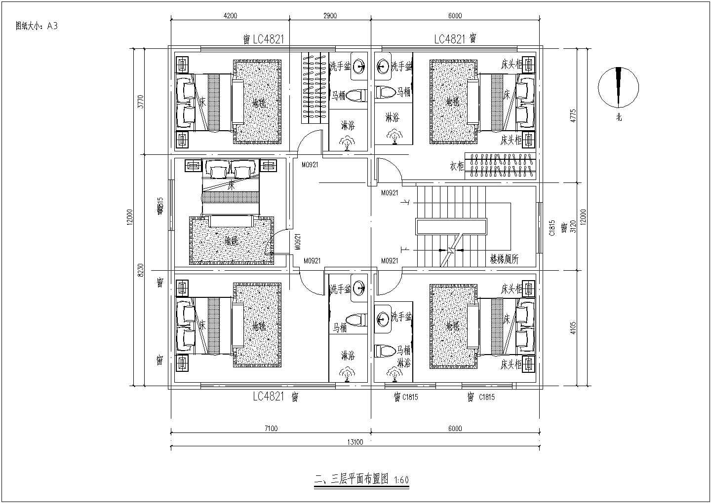 江西农村某三层开间民房室内设计图  1楼两室一厅、2楼4室1厅