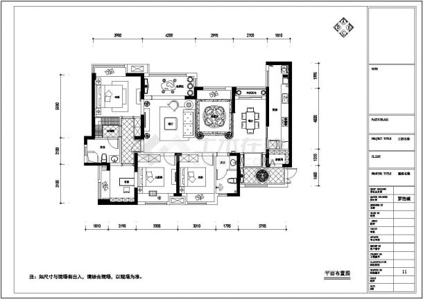 【重庆】现代市中心大型居住区三居室装修施工CAD图-图一