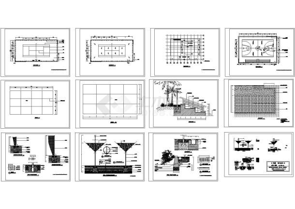 篮球场、网球场、排球场平面图、剖面图-图一