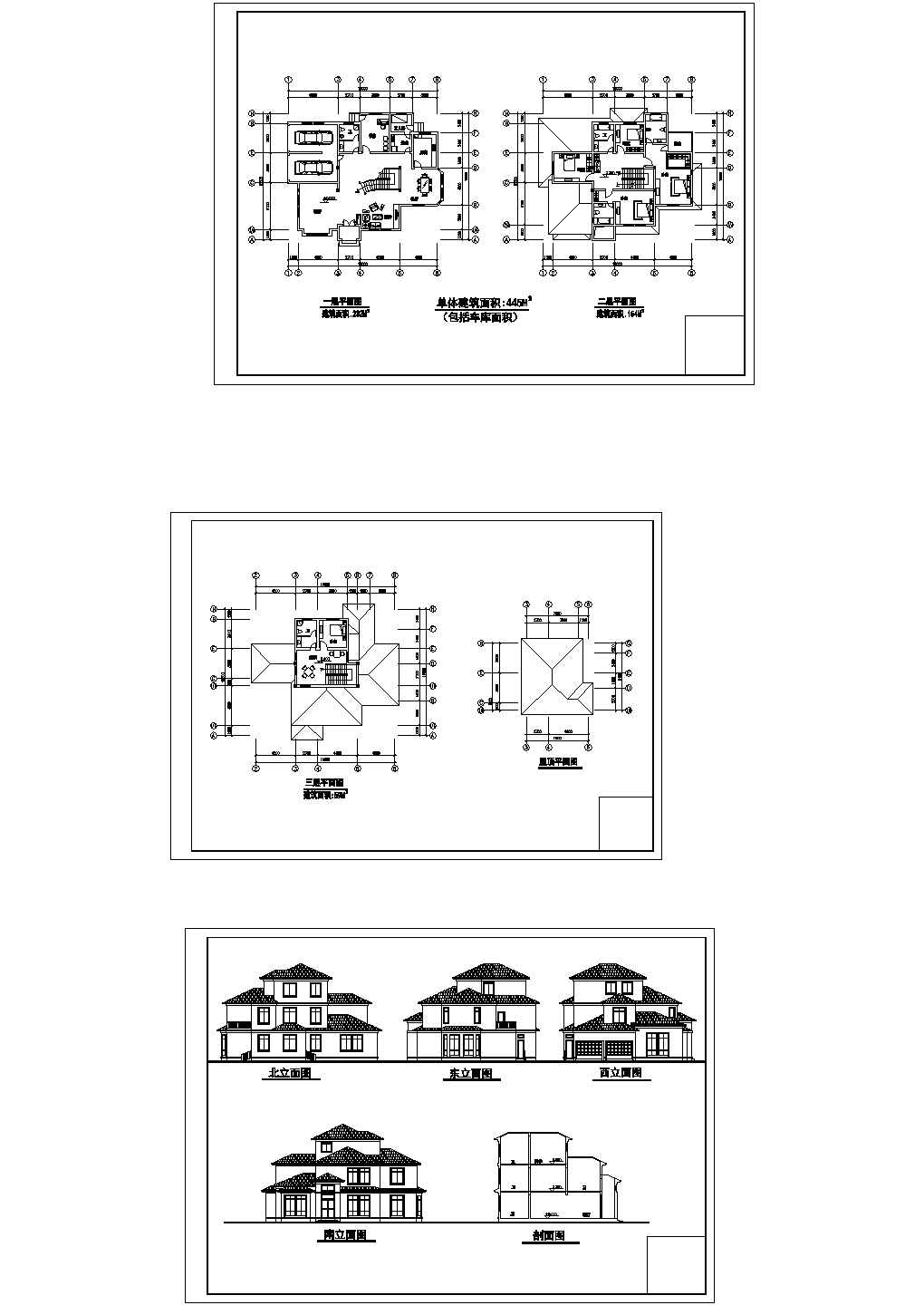 某445平独栋三层别墅CAD施工图