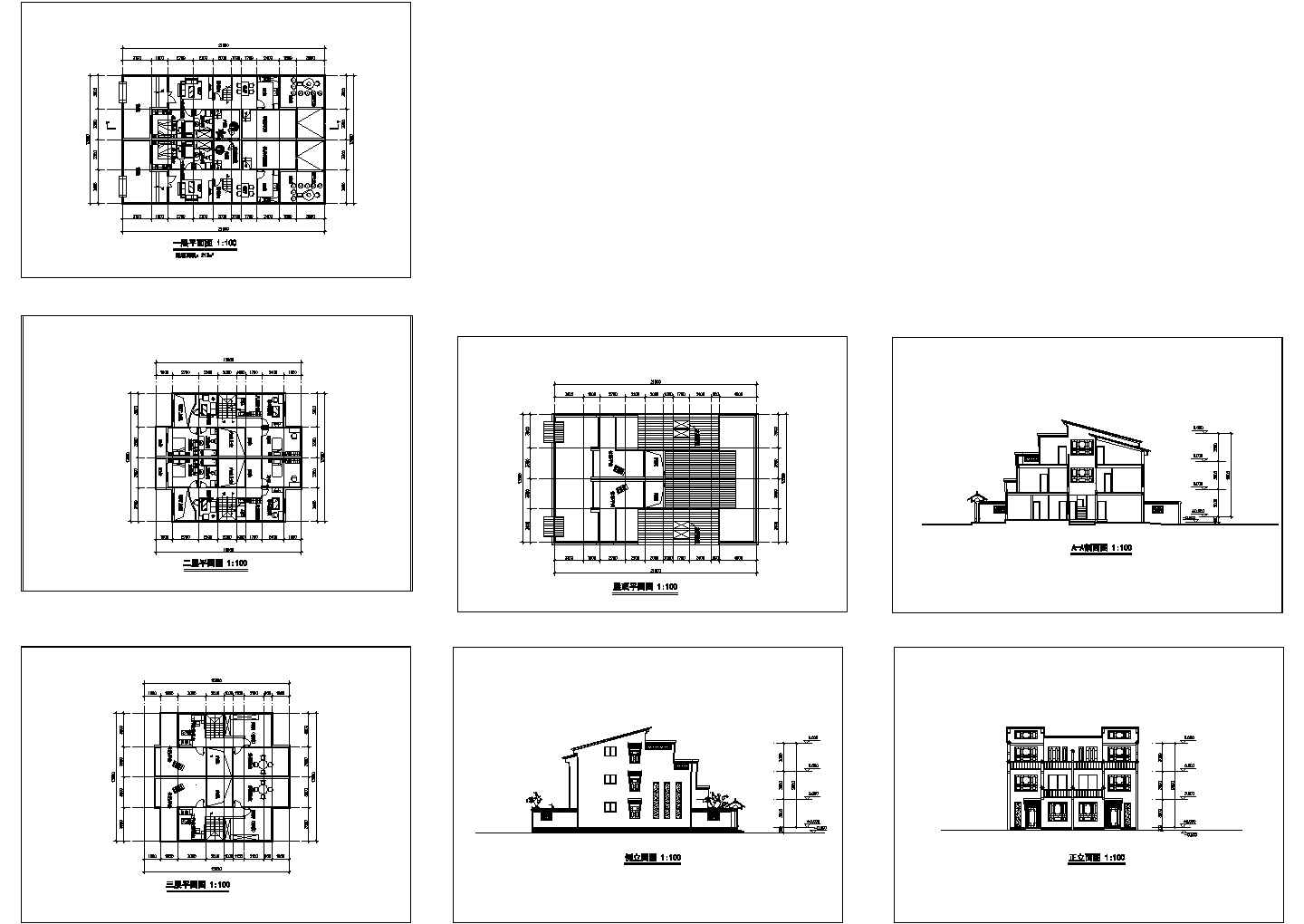 某三层别墅平面（含屋顶平面）和立面方案设计图