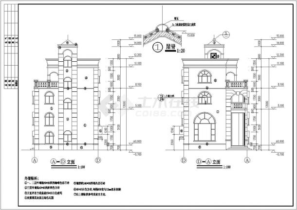 某地三层框架结构小别墅建筑设计施工图（简欧风格）-图一