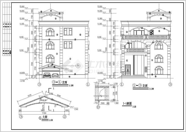 某地三层框架结构小别墅建筑设计施工图（简欧风格）-图二