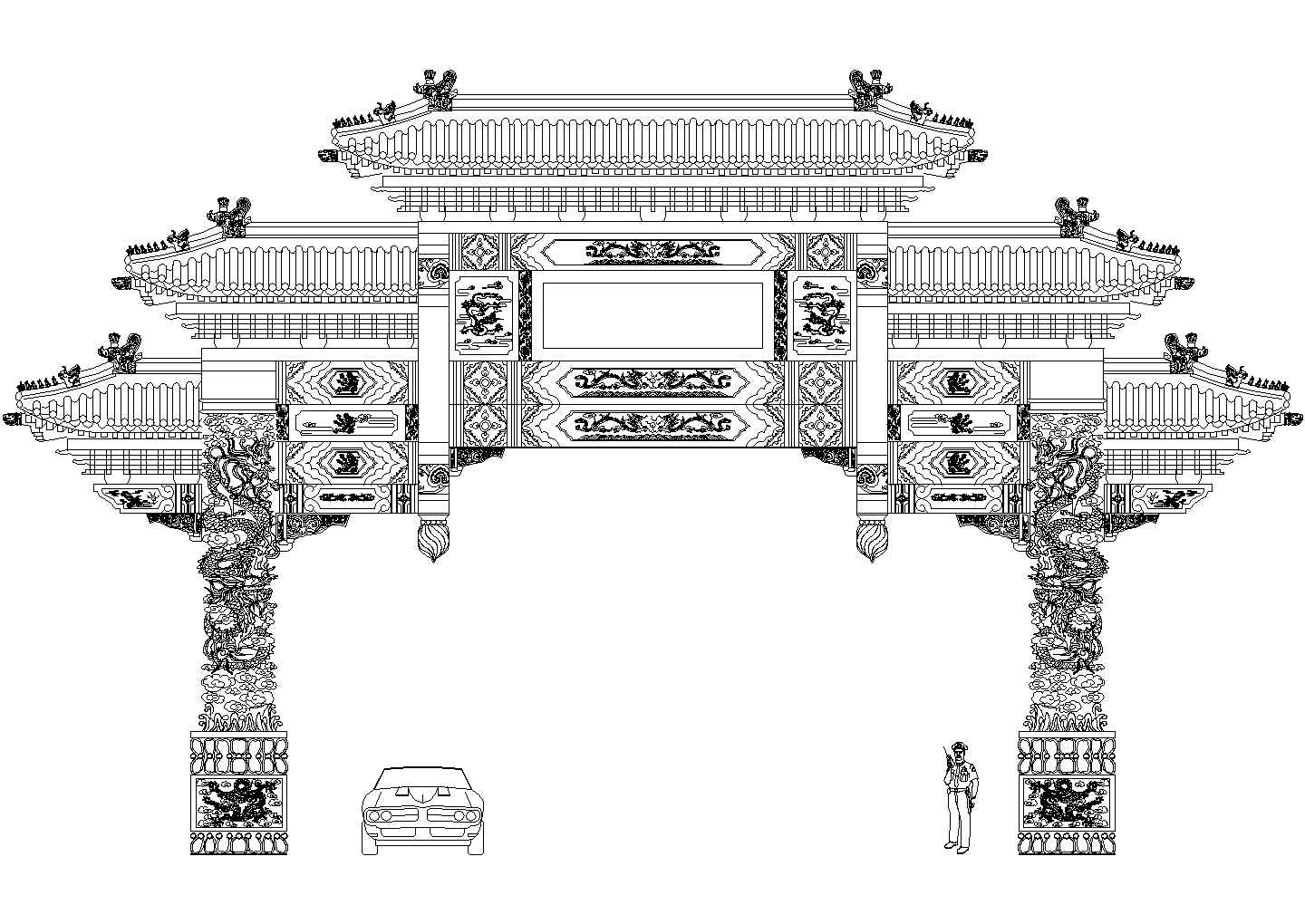 经典古牌坊带雕花入口建筑设计CAD施工图