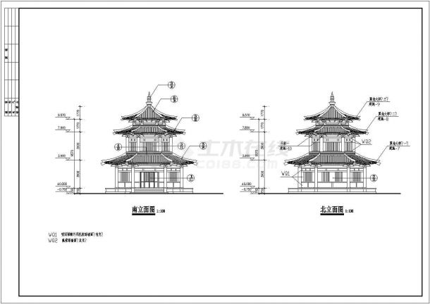 永济三层框架结构仿古楼阁建筑设计施工图-图一