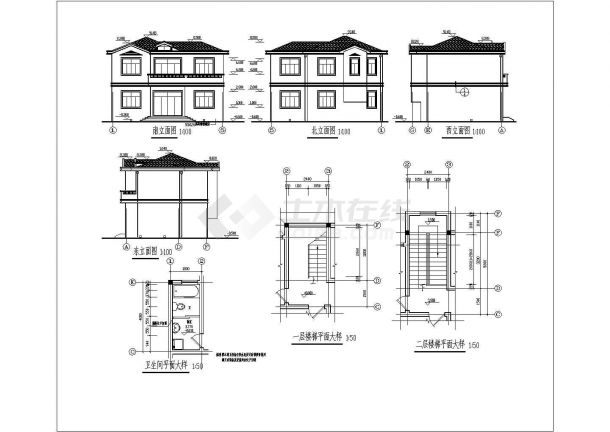 某设计院五套二层经典坡屋顶别墅建筑和结构施工图-图二