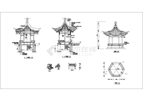 某带有街沿石的六角亭施工详图-图一