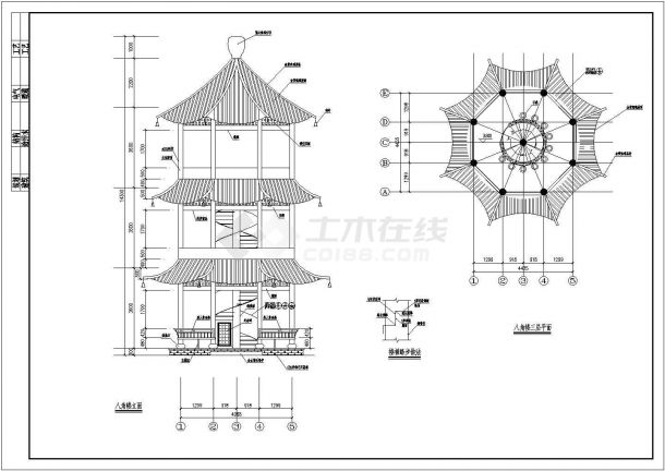 中国古典木结构八角亭子施工图详图-图一