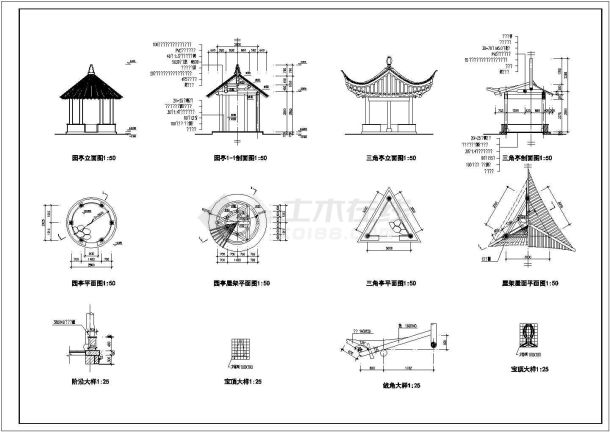 各种常见的中式景观亭的详细施工图纸-图二