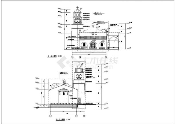 欧式英伦风格城市教堂建筑设计施工cad平立面方案图(带地下室)-图二