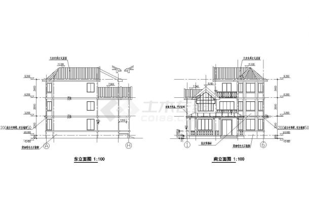 上海豪华三层坡屋顶别墅建筑结构施工平立面CAD方案图-图一