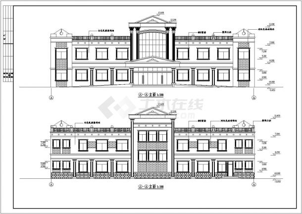 某局部三层办公室建筑设计平立剖cad图纸-图二